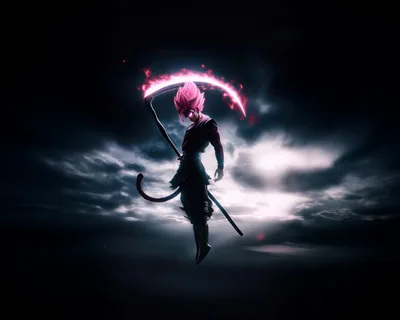 Goku Black hangs in a break of moonlit clouds, his pink energy scythe arcing overhead, the sky darkening to black at every corner.
