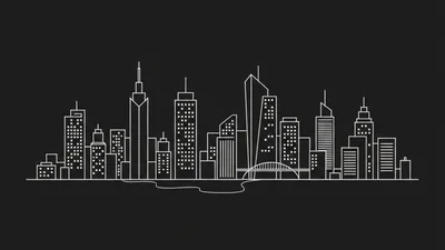 A city drawn in one continuous white outline across the lower third, towers and a bridge stretching from edge to edge on charcoal grey.