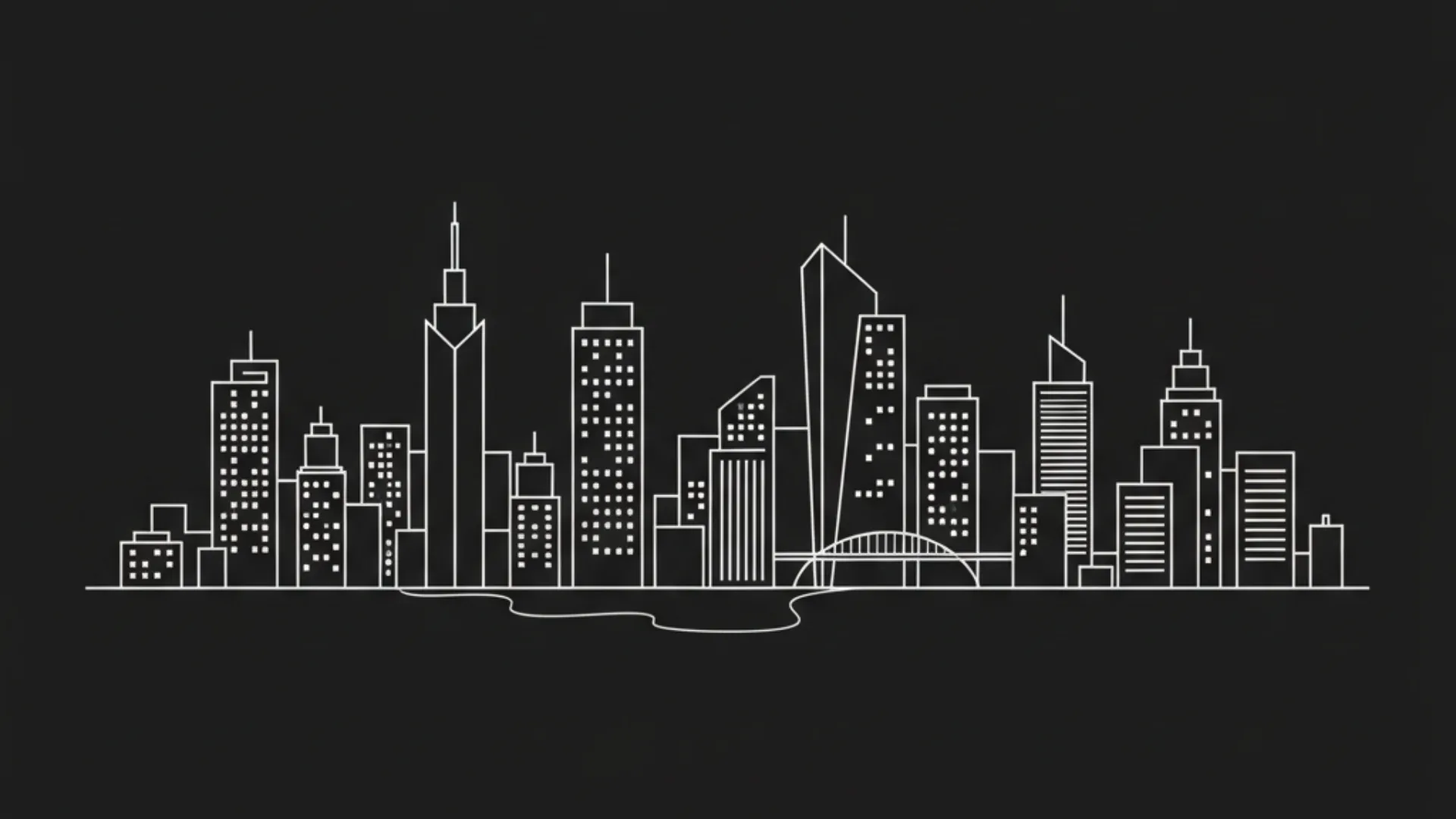 A city drawn in one continuous white outline across the lower third, towers and a bridge stretching from edge to edge on charcoal grey.
