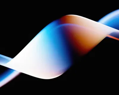 A silky ribbon twists once through the middle of the frame, blue on its left face and warm orange on the right, all four corners flat black.