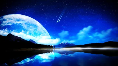 Digital art of a giant moon low on the left while two shooting stars streak the deep blue sky, the lake below mirroring everything.
