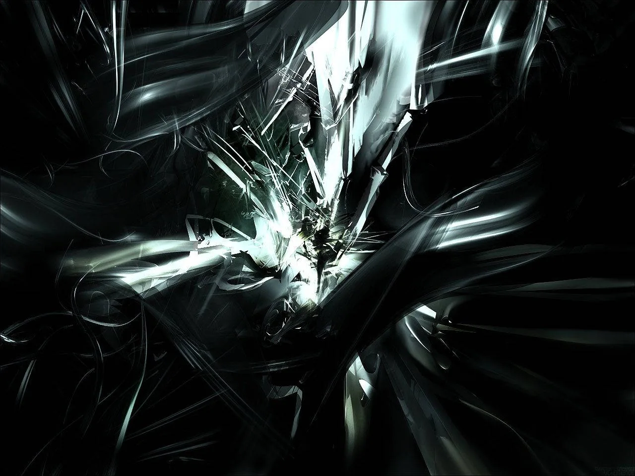 Sharp white light explodes out of a mass of dark reflective shapes, splinters trailing toward all four corners.