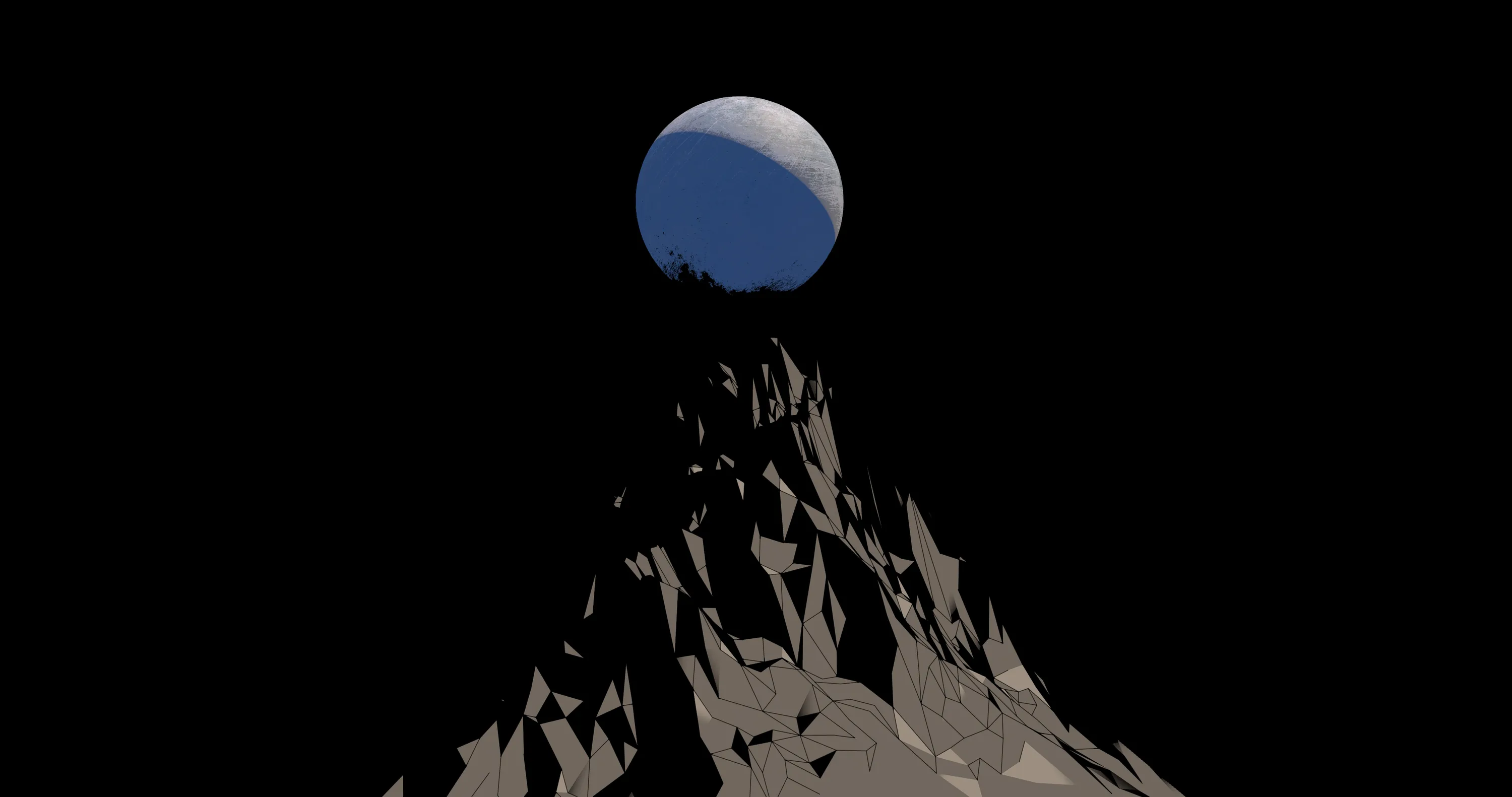 A pale moon sits directly behind a jagged grey summit on a plain black sky, the rock rendered in flat minimalist shading.