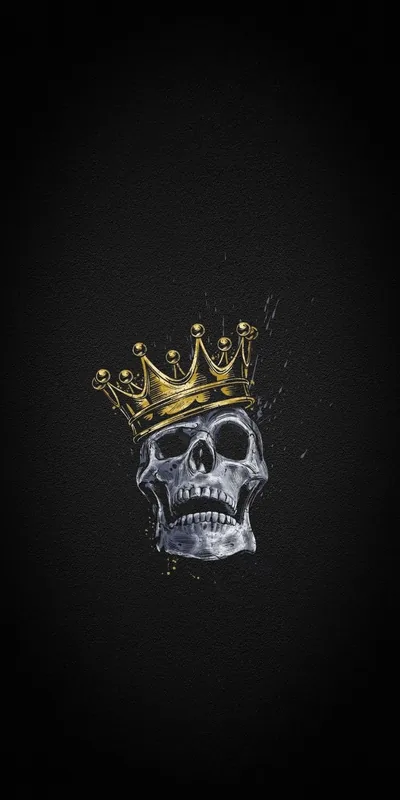 A grey ink skull wears a small gold crown tipped to one side, splattered across a textured black phone background.