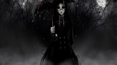 A pale masked figure in a long Victorian coat holds a black umbrella in a fogged winter forest, the moon burning through bare branches.
