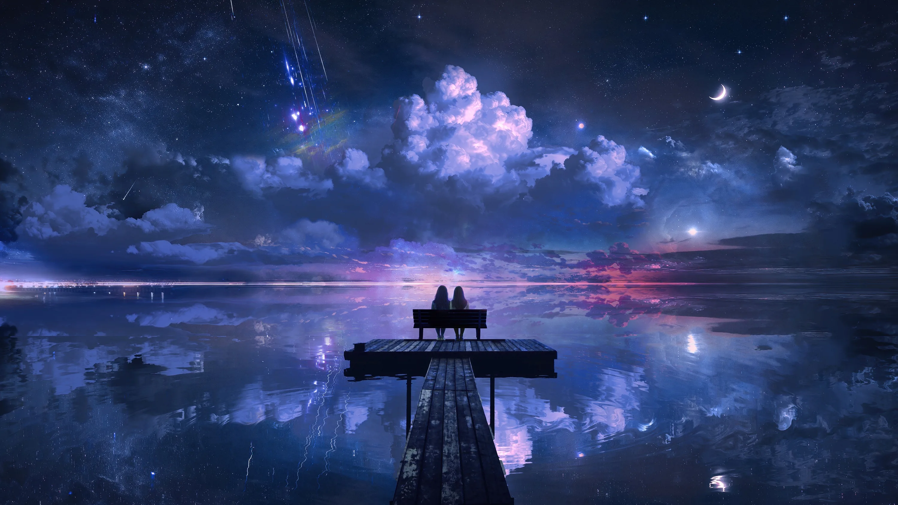Anime artwork of two figures on a bench at the end of a pier, the starry night sky mirrored in the still water below.