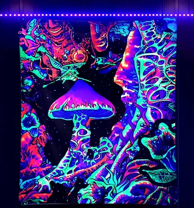 A mushroom tapestry glowing under a purple LED strip mounted along the top of the wall, teal and pink shapes boxing in the black centre.