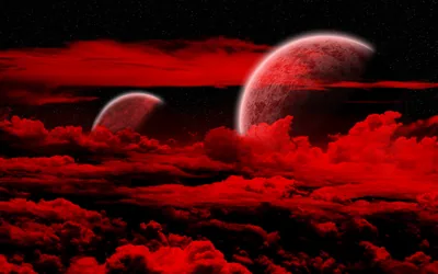 Two cratered planets hang in a starfield while a bank of clouds below is lit red from underneath, filling the bottom half.