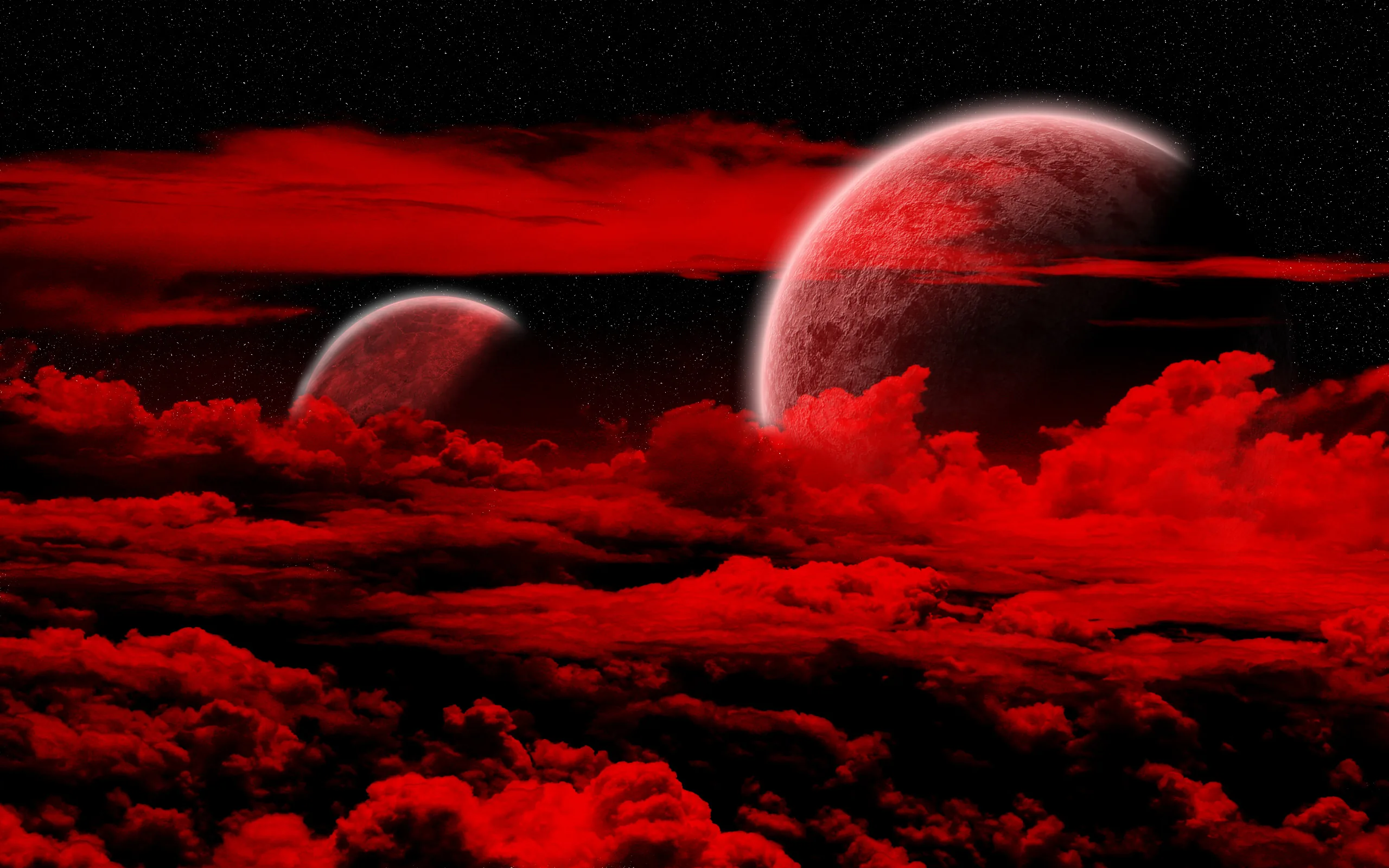 Two cratered planets hang in a starfield while a bank of clouds below is lit red from underneath, filling the bottom half.
