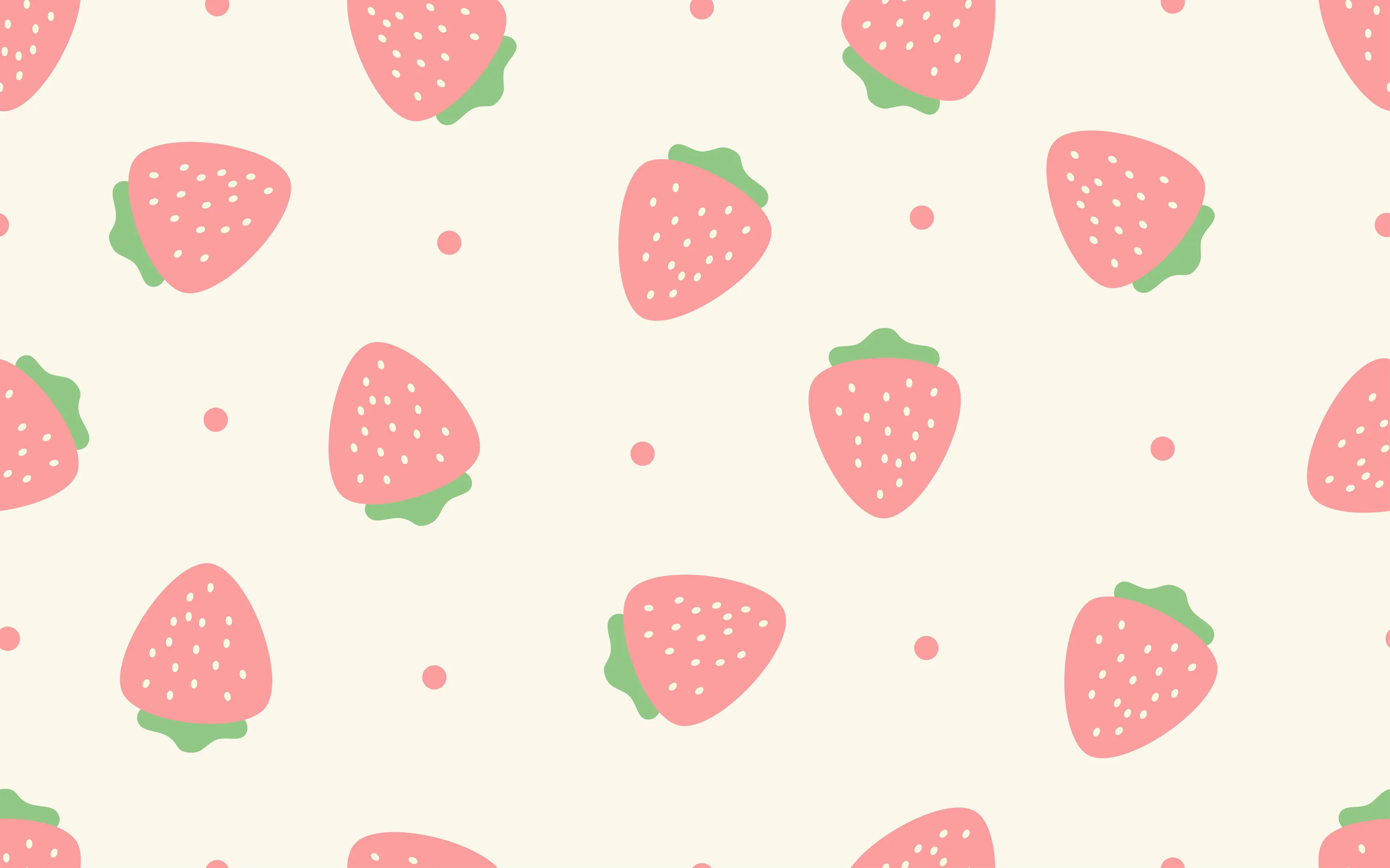 Flat drawn strawberries and small pink dots repeat evenly over a cream ground with no focal point, so this pale print needs dark icons and a dark clock.