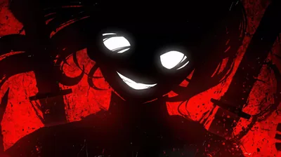 A shadowed face with blown-out white eyes and a wide grin pushes forward out of a rough, scratched red-and-black background.