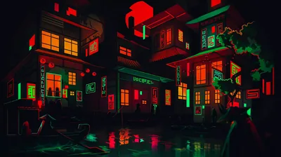 Red windows and green sign-glow pick out a cluster of black houses, the wet ground below repeating every light as a smudge.