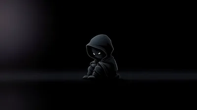 A tiny cartoon figure in a hood hugs its knees in the middle of an empty black frame, white eyes and one soft glow at the left edge.