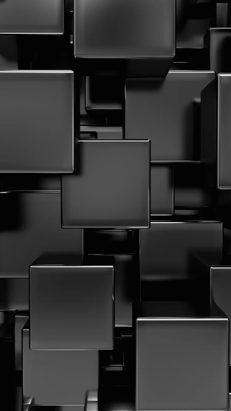 Polished black cubes stack floor to ceiling in 3D, each face catching a slightly different grey reflection; the tall crop suits a phone home screen.