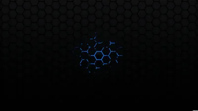 A chemical structure glows blue at the centre of a dark hexagonal grid, the light falling off at the edges.