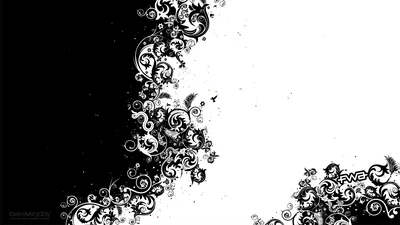 Ornate vine filigree spills down the centre where a black half meets a white one, each side reversing into the other.