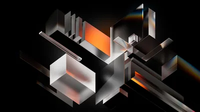 Slabs of glass and polished metal interlock in mid-air, orange light bleeding through the gaps and a faint prism streak along the right edge.