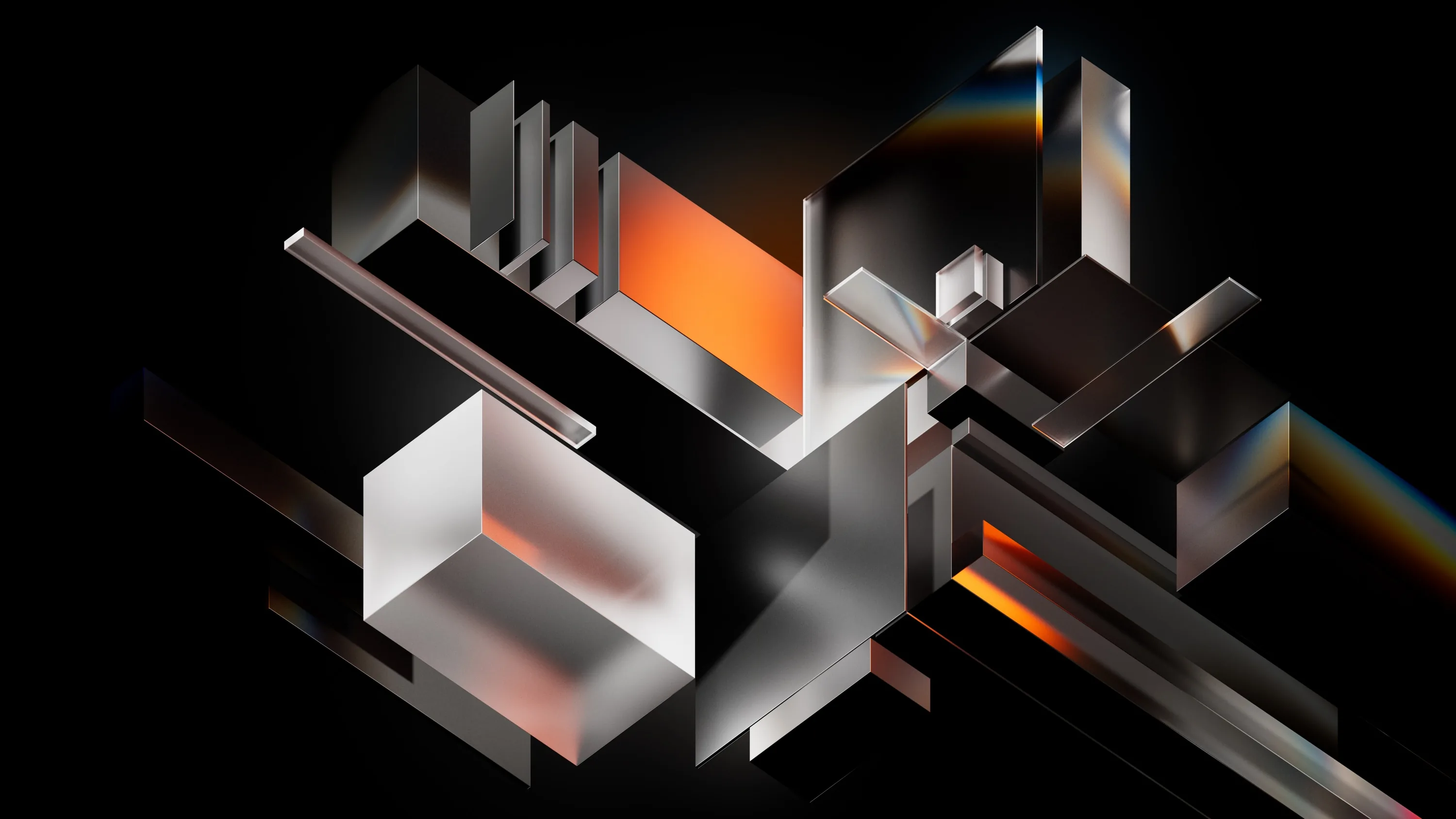 Slabs of glass and polished metal interlock in mid-air, orange light bleeding through the gaps and a faint prism streak along the right edge.