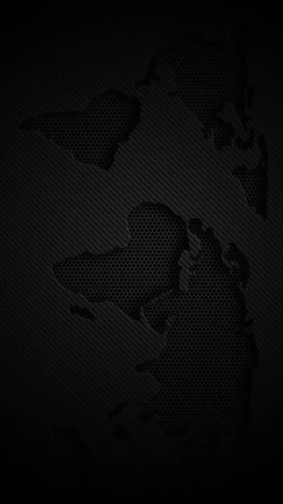 The continents cut out of a fine carbon weave, the landmasses sitting flat black against the textured oceans.