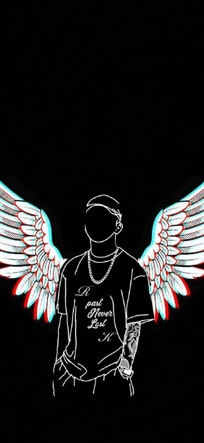 A young man in a printed tee stands with wide white wings behind him, edged in cyan and red chromatic glitch on flat black.