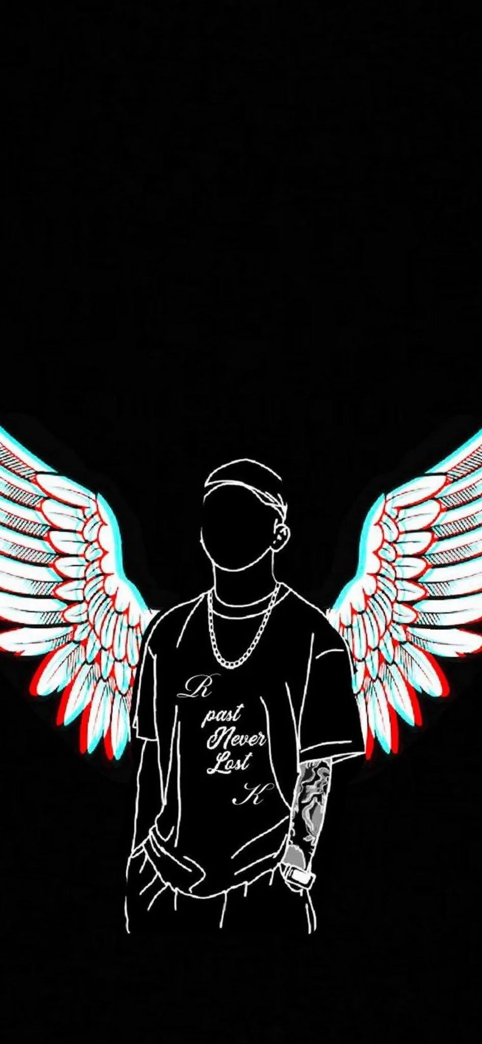 A young man in a printed tee stands with wide white wings behind him, edged in cyan and red chromatic glitch on flat black.