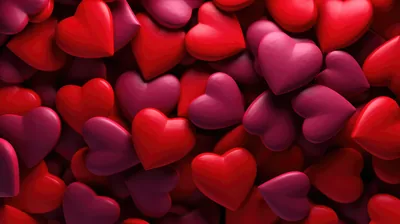 Candy-smooth hearts in ruby, magenta and plum pile edge to edge, the deepest shadows between them near black, so the busy pattern hides icons anywhere on screen.