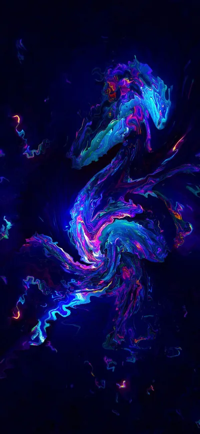 A ribbon of cyan, violet and pink fluid twists down the centre of a deep navy frame, both side edges dark enough for status icons.