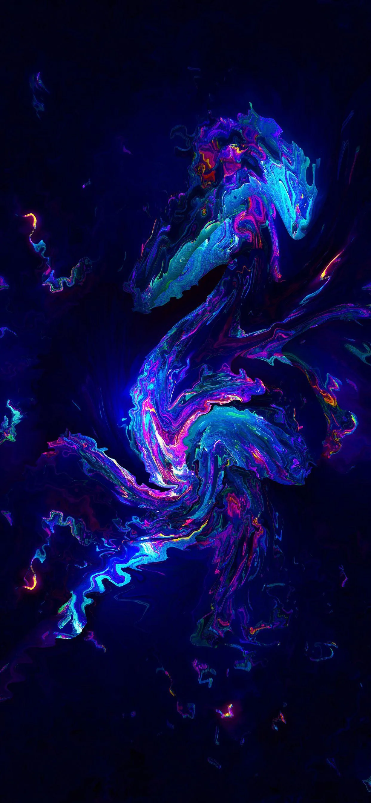 A ribbon of cyan, violet and pink fluid twists down the centre of a deep navy frame, both side edges dark enough for status icons.