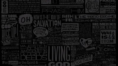 Hundreds of scripture phrases set in mixed display type, packed edge to edge in charcoal grey on black.
