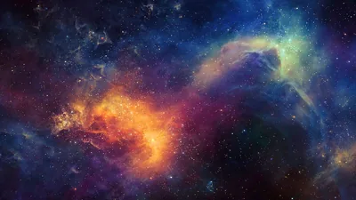 Burnt-orange clouds flare in the lower left and an icy blue nebula answers from the upper right, deep purple space holding the middle between them.