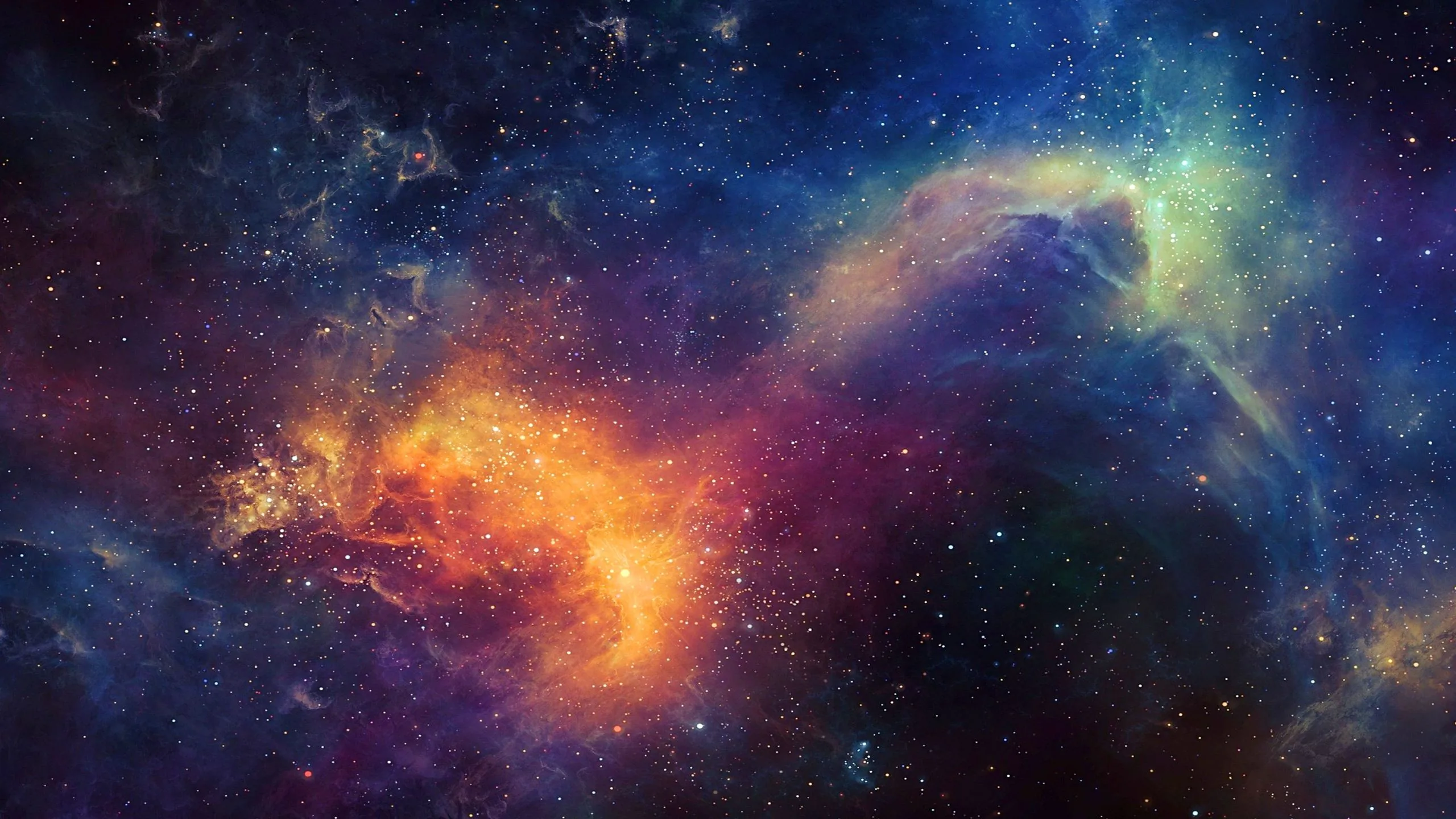 Burnt-orange clouds flare in the lower left and an icy blue nebula answers from the upper right, deep purple space holding the middle between them.