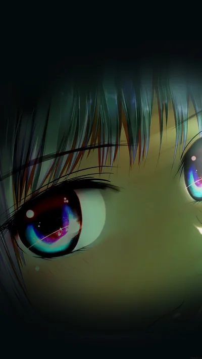 An extreme close-up of a girl's eyes at night, each iris swirling with galaxy colours while the rest of the face slips into shadow.