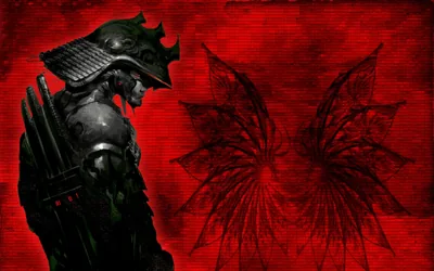 A samurai in full armour stands in profile at the left, facing a pair of ragged wings etched into the red grunge wall behind.