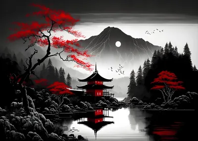 Red maples lean over a lantern-lit temple by a still lake, the moonlit mountain behind rendered in grey while only the leaves and windows carry colour.
