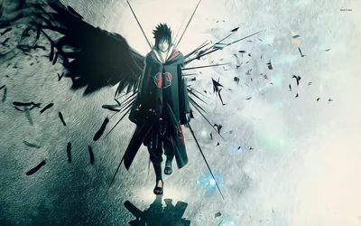 Sasuke walks toward the camera with a single black wing spread, loose feathers and debris scattering across a washed-out grey sky.