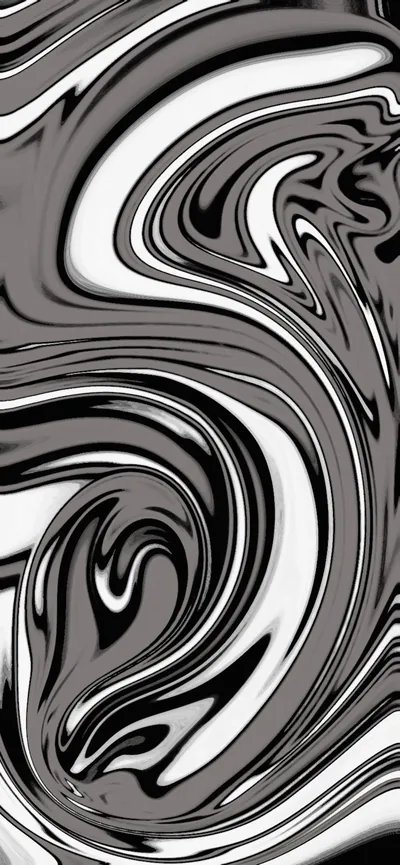 Thick monochrome paint folds through itself in wide curls, grey and white bands wrapping around a dark core.