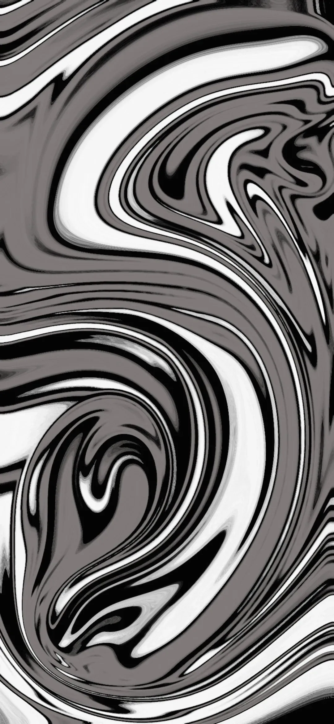Thick monochrome paint folds through itself in wide curls, grey and white bands wrapping around a dark core.