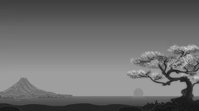 A small grey Fuji at the far left faces a blossom tree on the right, a dim sun between them; the vast empty grey sky leaves room for desktop icons.