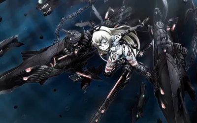 A small white-haired fighter dives through a swarm of black cannons and chains, muzzle flashes dotting the steel-blue gloom around her.
