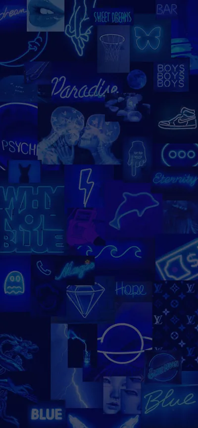 Dozens of neon doodles — lips, a dolphin, a sneaker, and a diamond — tile the frame in one deep navy wash, growing darkest along the bottom row.