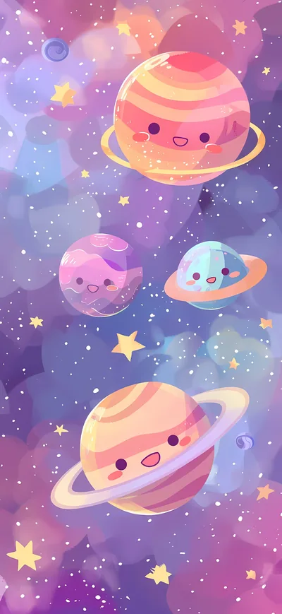 Four smiling planets ladder down a purple and peach star field in this very tall image, so a phone crop keeps whichever planet you centre.