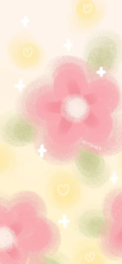 Airbrushed pink flowers and green leaves blur into a cream and yellow field, tiny white sparkles and faint hearts scattered so softly that icons stay easy to spot.