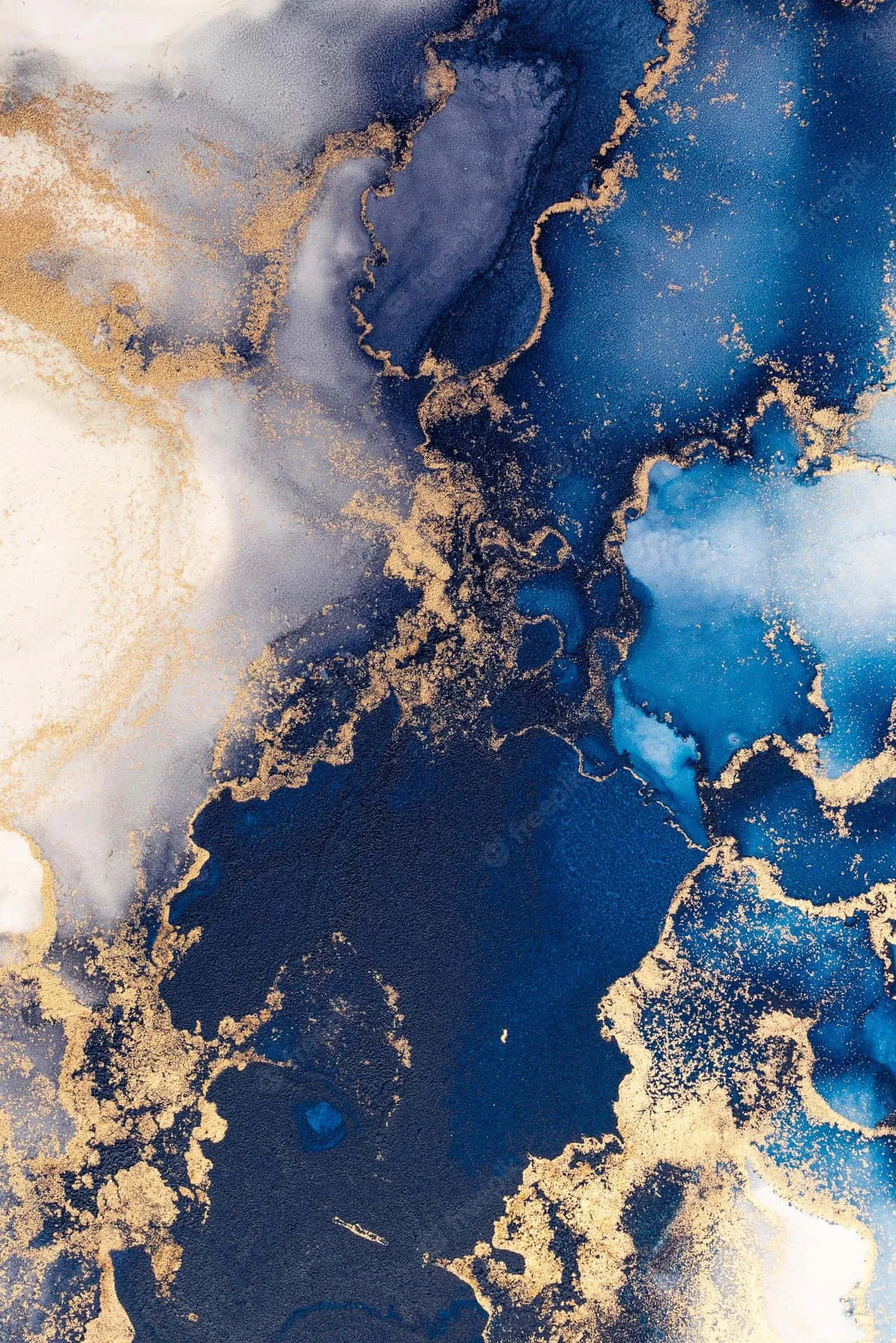 Royal blue and white ink collide down the frame, with branching gold veins through the middle and a soft white cloud along the left edge.