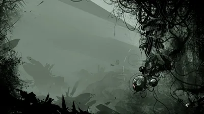 Concept art of a flooded ruin seen through haze, hanging vines and seed pods crowding the right edge while the far structures fade into fog.