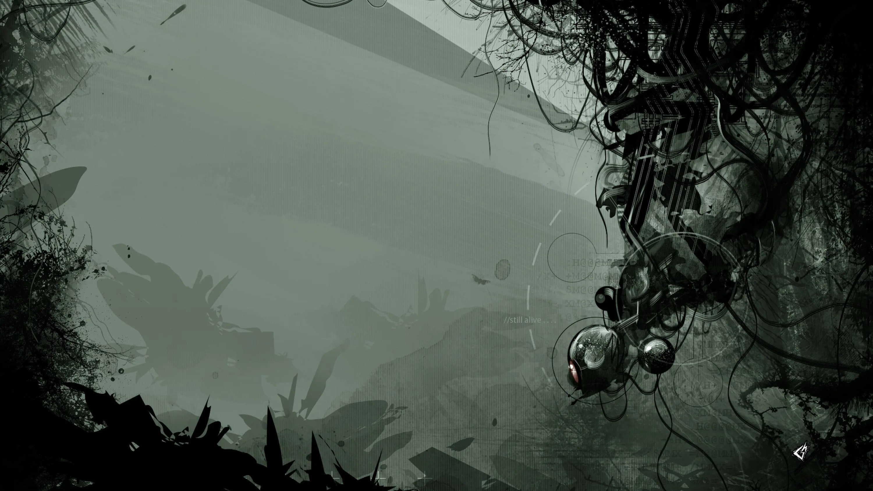 Concept art of a flooded ruin seen through haze, hanging vines and seed pods crowding the right edge while the far structures fade into fog.