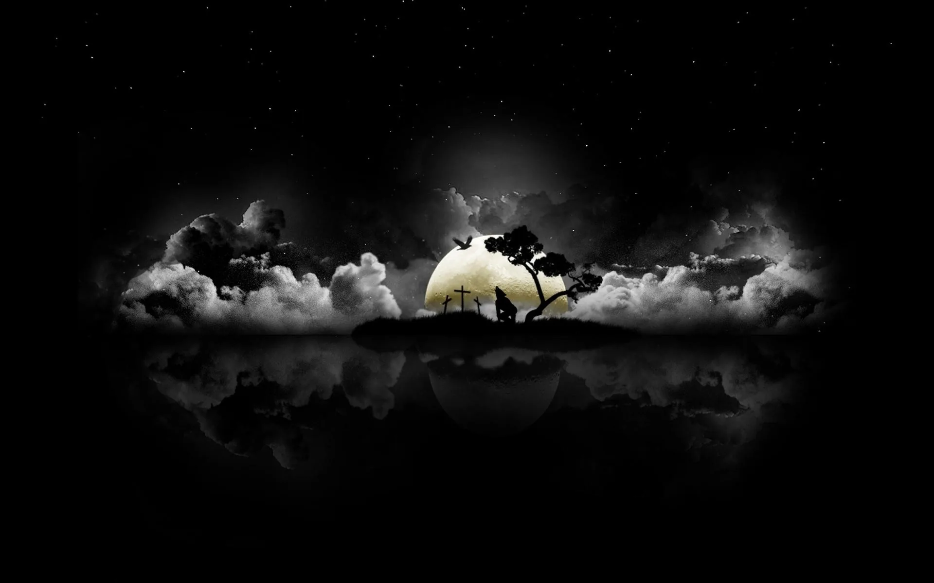 A bright moon sits behind a bank of cloud and repeats in still water below, stars scattered across the top.