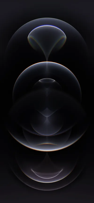 Three overlapping glass discs stack down the centre of the frame in the iPhone 12 stock style, their rims catching a thin rainbow edge.