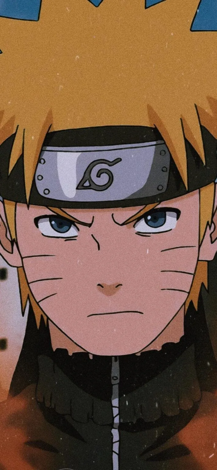 Naruto's face fills the frame under a grainy retro filter, brows drawn down beneath the leaf headband — the tight crop survives any phone resize.
