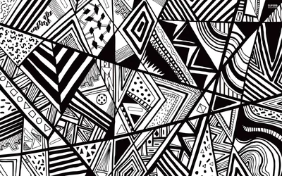 Ink triangles fill the whole frame, each one packed with a different doodle of stripes, dots, spirals or checks.