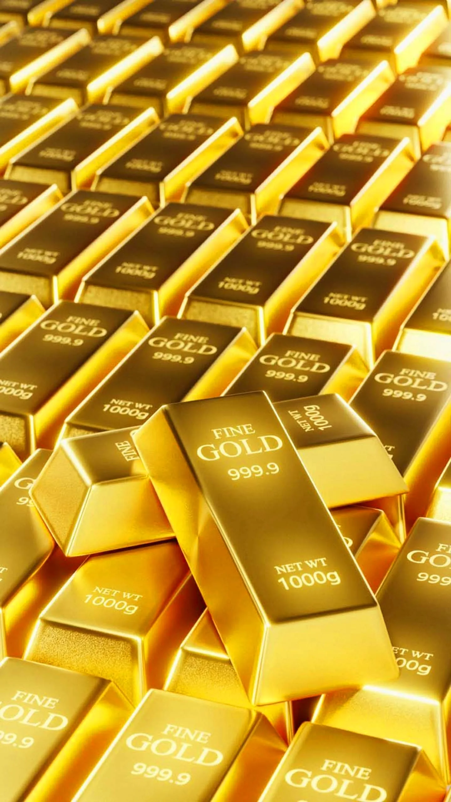 A wall of upright 1000g gold bars fills the whole portrait frame, every stamped face repeating into the distance.